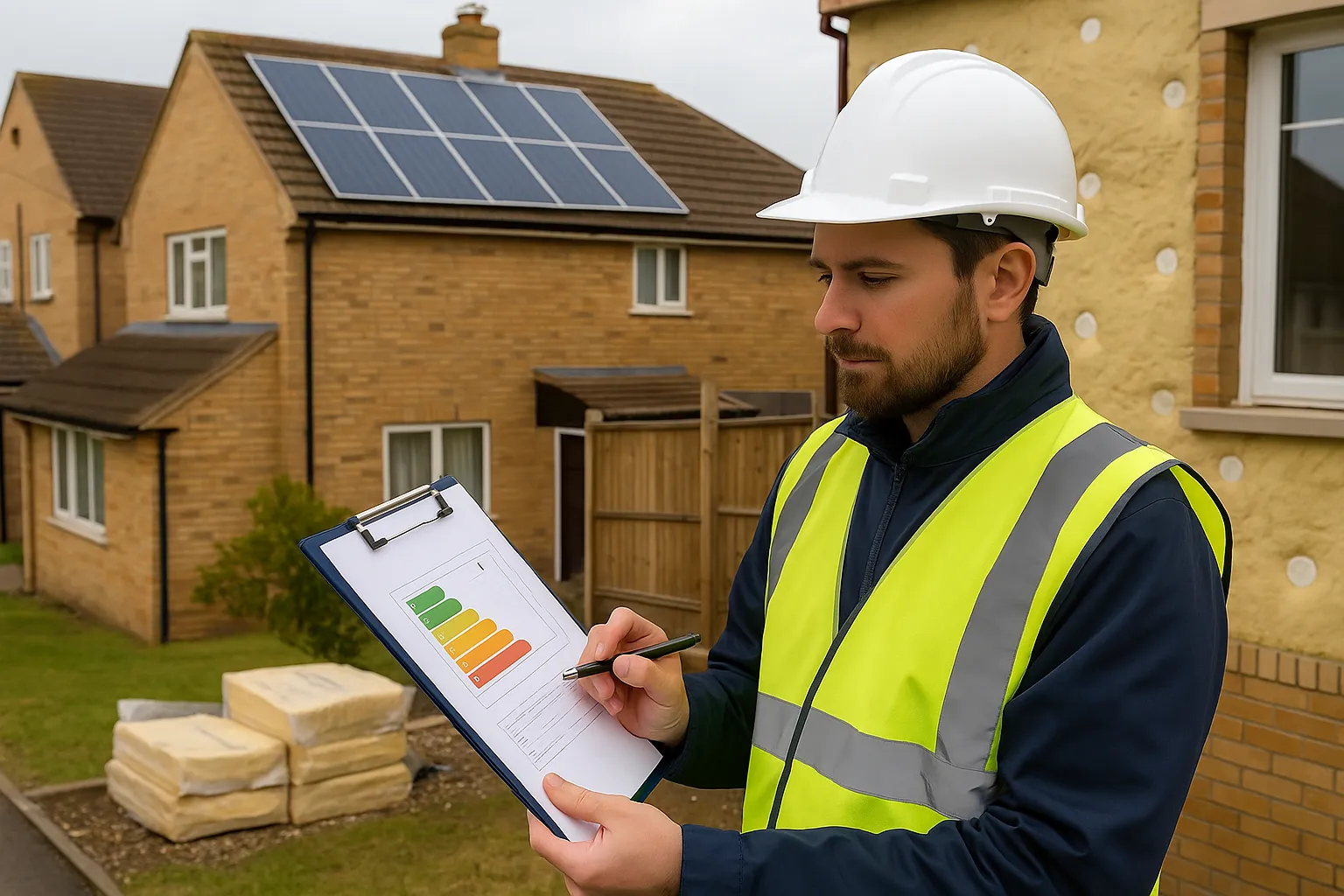 Retrofit assessor reviewing energy efficiency plans for a funded ECO4 housing project, with insulation and solar panels visible in the background.