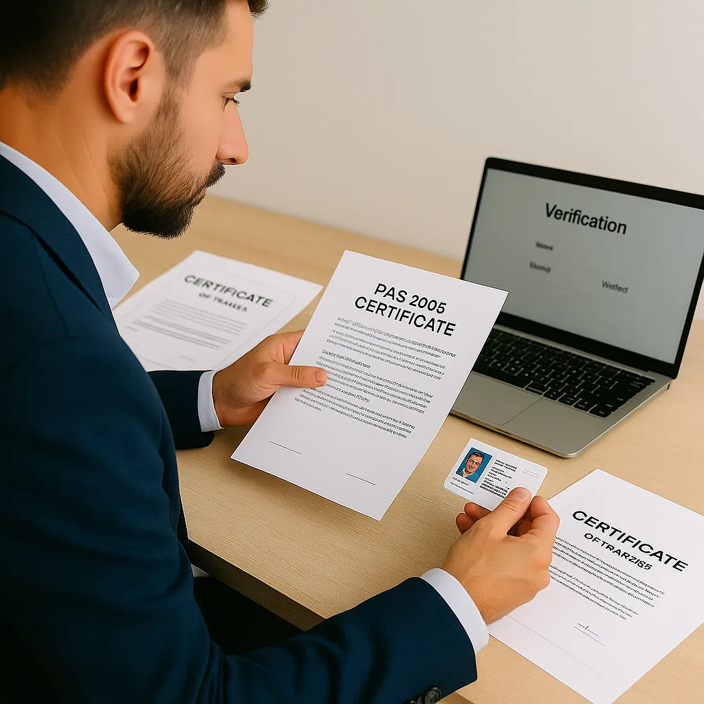 Professional reviewing PAS 2035 certificates and verification documents