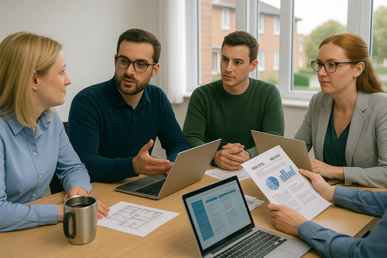 Retrofit Coordinators reviewing documentation and project findings in a team meeting