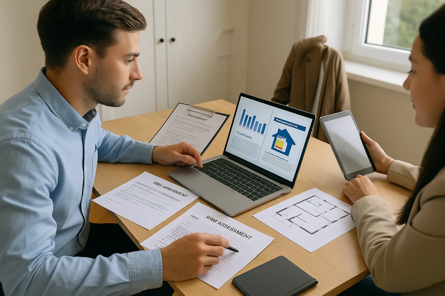 Retrofit Coordinator reviewing risk assessments and project documentation in an office setting