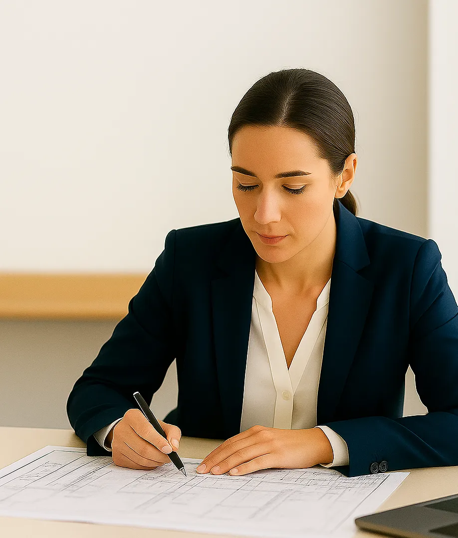 Retrofit Designer reviewing technical drawings and specification sheets for compliance