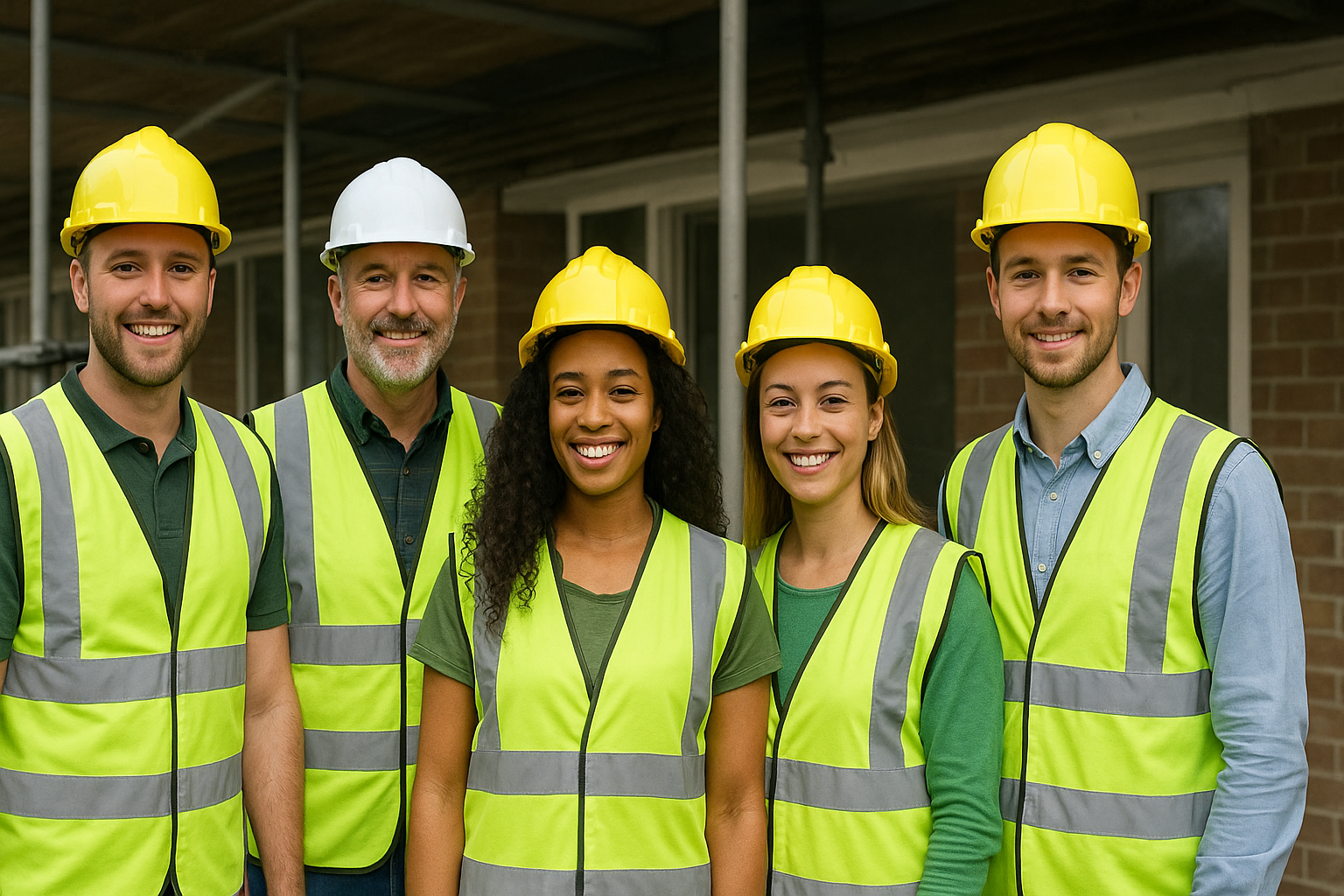 Retrofit professionals in high-vis jackets working on UK retrofit and energy-efficiency projects (ECO4, GBIS, PAS 2030/2035).