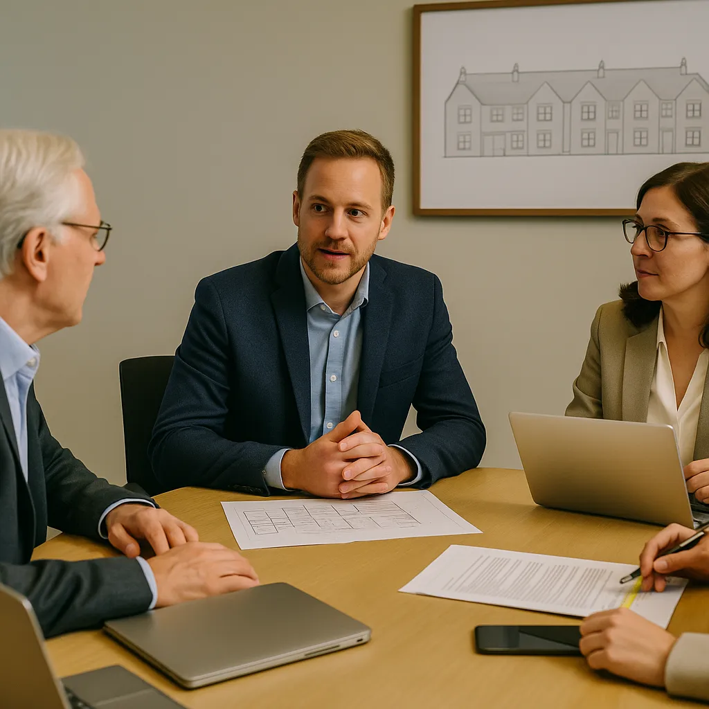 Retrofit Project Manager meeting with housing association clients to discuss project delivery and compliance.