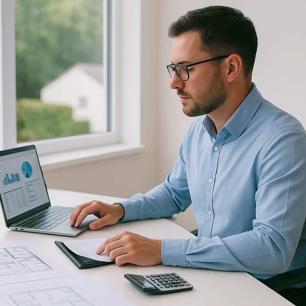 Quantity Surveyor reviewing retrofit budget reports and contracts in an office setting