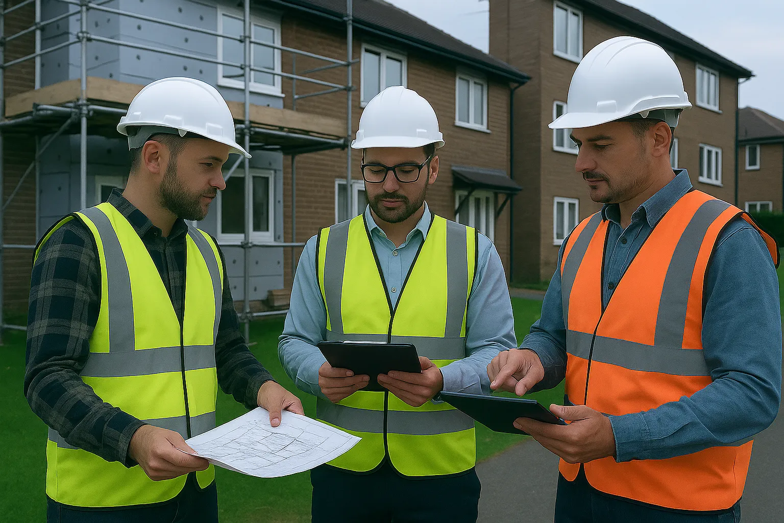 Quantity Surveyor reviewing project costs and progress with retrofit site teams