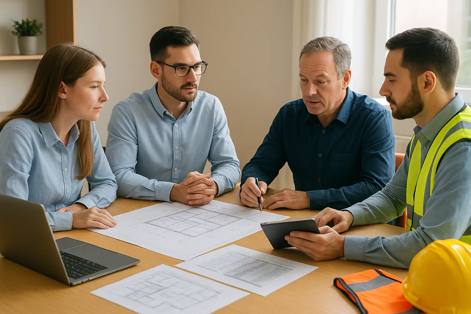 Quantity Surveyors collaborating with project managers and clients to review retrofit budgets