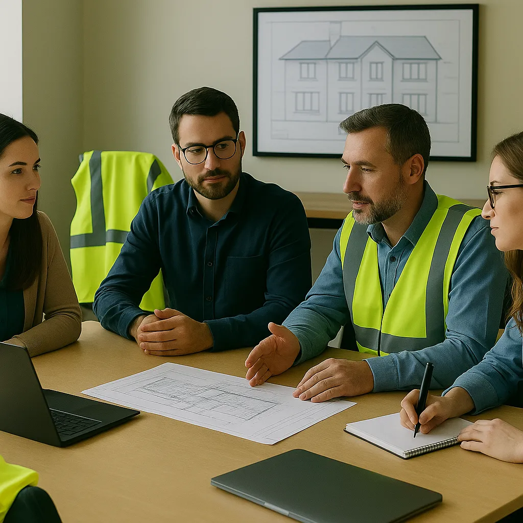 Retrofit Site Managers collaborating during a progress meeting in a project office