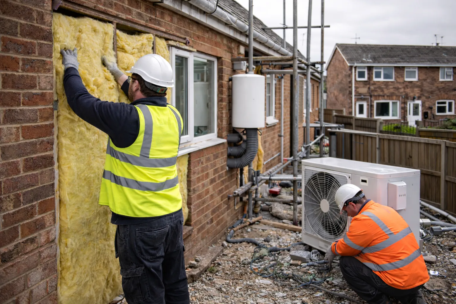 Fabric-first energy efficiency measures including insulation installation and low-carbon heating upgrades in residential properties