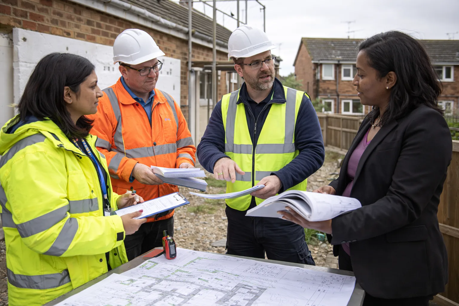 Housing association and local authority teams collaborating with contractors to plan and deliver retrofit programmes