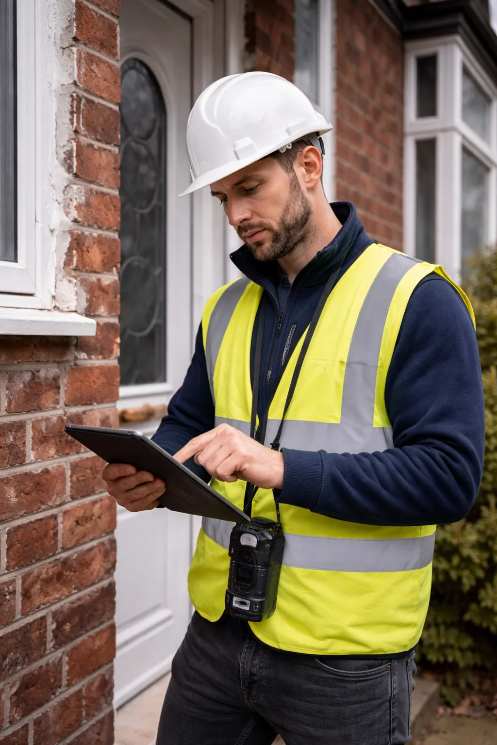 Retrofit assessor inspecting a property and collecting data for PAS 2035 compliance and energy efficiency improvements
