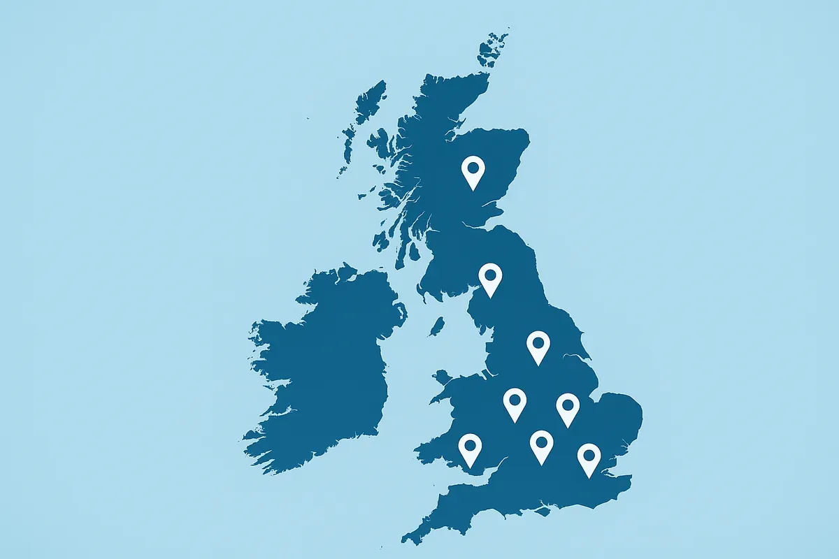 Map of the United Kingdom showing nationwide retrofit recruitment coverage across England, Wales and Scotland